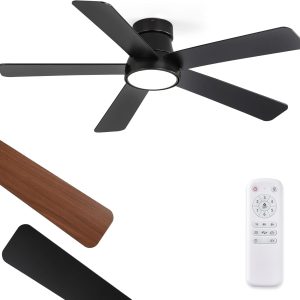48 Inch Ceiling Fans with Lights and Remote,Outdoor Indoor Modern Flush Mount Ceiling Fan with 3CCT 6-Speed Quiet DC Motor,Black Small Low Profile Ceiling Fan for Bedroom Living Room Office(Black)