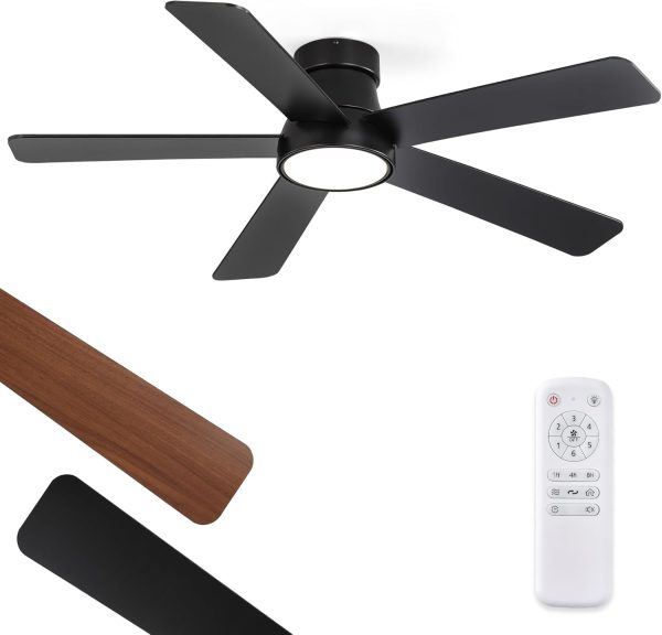 48 Inch Ceiling Fans with Lights and Remote,Outdoor Indoor Modern Flush Mount Ceiling Fan with 3CCT 6-Speed Quiet DC Motor,Black Small Low Profile Ceiling Fan for Bedroom Living Room Office(Black)