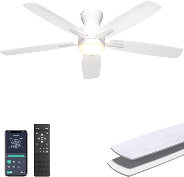 Ceiling Fans with Lights, Low Profile Ceiling Fan with Light and Remote/APP Control, Modern Flush Mount Ceiling Fan for Indoor Bedroom Living Room, Dimmable, Qiuet DC Motor, White