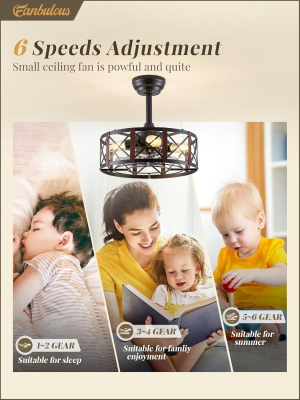 16in Caged Ceiling Fans with Lights and Remote, Fandelier Ceiling Fan with 6 Speeds and Timing, No Beep, Farmhouse Samll Fan Lights Ceiling Fixtures for Kitchen, Bedroom, Outdoor-Walnut