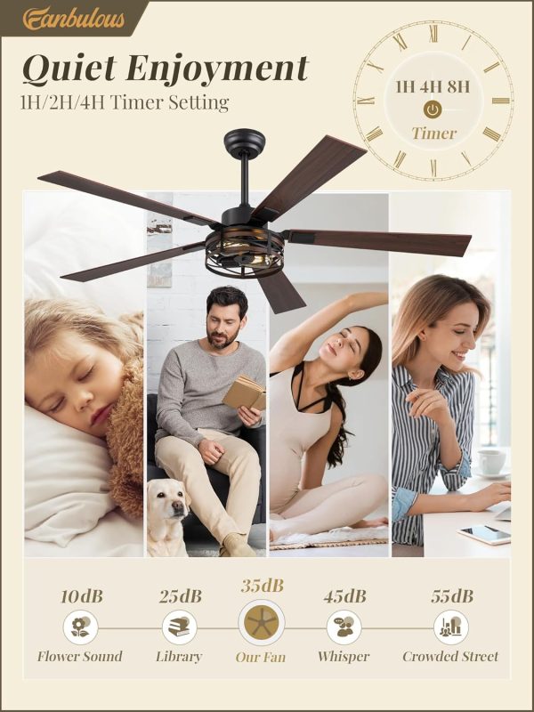 Farmhouse Ceiling Fans with Light, 60 Inch Bedroom Ceiling Fan with Lights, 6-Speed Adjustable, Quiet and Reversible DC Motor, Dual Finish 5 Blades, Rustic Caged Black Ceiling Fan for Living Room