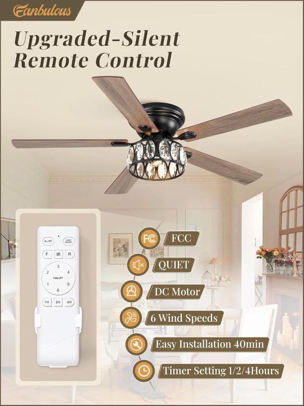 56 Inch Chandelier Ceiling Fans with Lights and Remote, Flush Mount Crystal Ceiling Fan with 6-Speeds, Quiet Reversible DC Motor, Farmhouse Ceiling Fan for Bedroom, Living Room, Dining Room