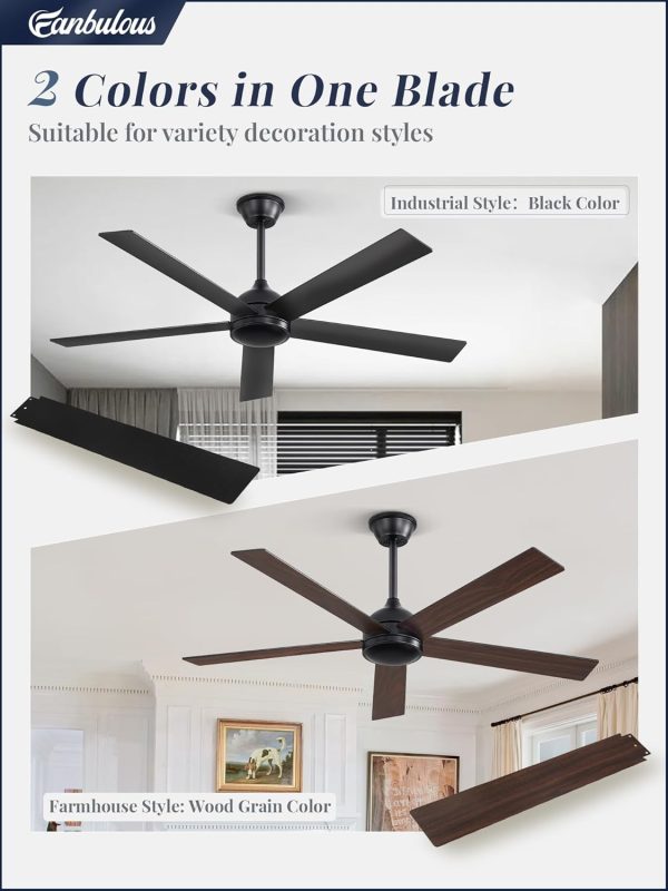 52 Inch Ceiling Fans No Light with Remote, Black Indoor/Outdoor Ceiling Fan Without Light with Quiet Reversible DC Motor, 6 Speeds, 5 Blades Modern Ceiling Fan for Living Room Bedroom Patio