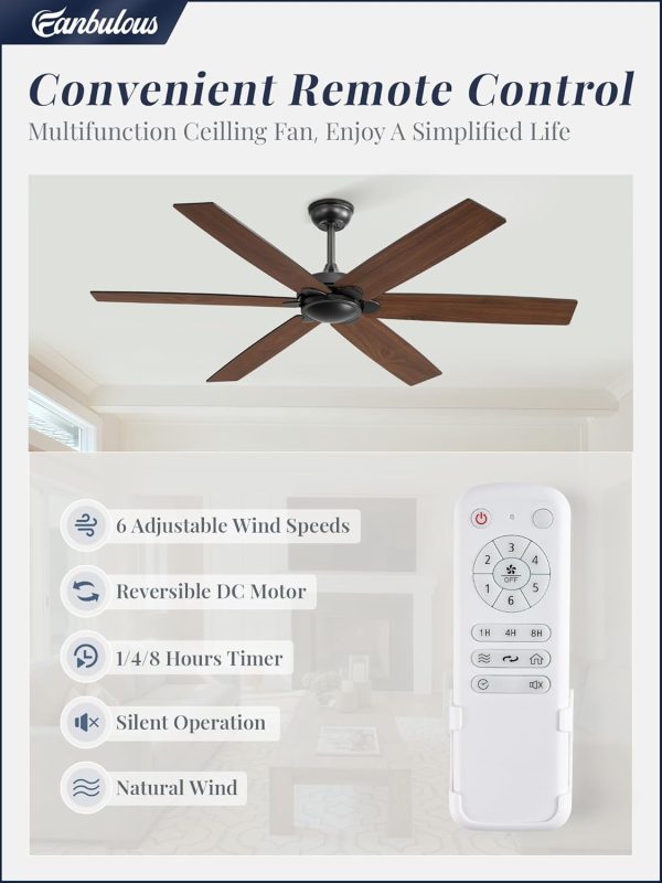 60 inch Ceiling Fan No LightBlack Ceiling Fan with Remote, Flush Mount Low Profile, Quiet DC Motor & Reversible, Indoor/Outdoor Ceiling Fans without Light for Bedroom, Living Room, Patio