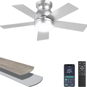 Ceiling Fans with Lights, 32 Inch Low Profile Ceiling Fan with Light and Remote/APP Control, Flush Mount, Dimmable, Qiuet DC Motor, Silver Small Indoor Ceiling Fan for Bedroom, Kitchen