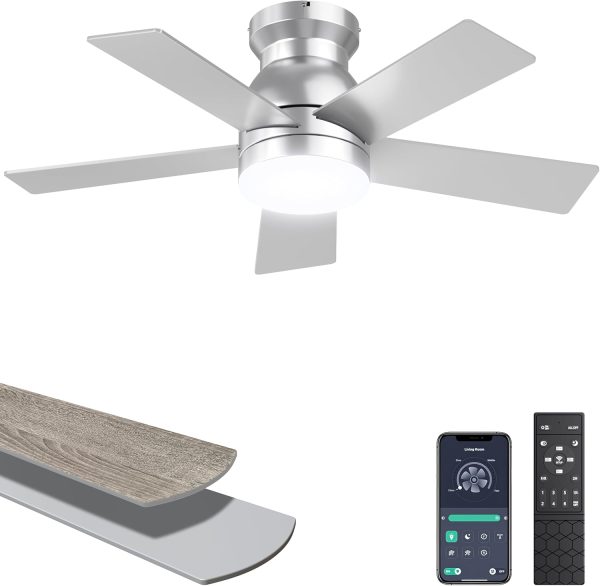 Ceiling Fans with Lights, 32 Inch Low Profile Ceiling Fan with Light and Remote/APP Control, Flush Mount, Dimmable, Qiuet DC Motor, Silver Small Indoor Ceiling Fan for Bedroom, Kitchen