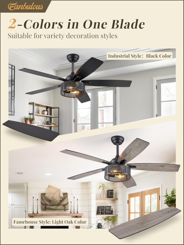 Farmhouse Ceiling Fans with Lights and Remote, 52 Inch Industrial Black Caged Ceiling Fans for Living Room Bedroom Kitchen, 6 Speed Reversible Quiet DC Motor, Dual Finish 5 Blades