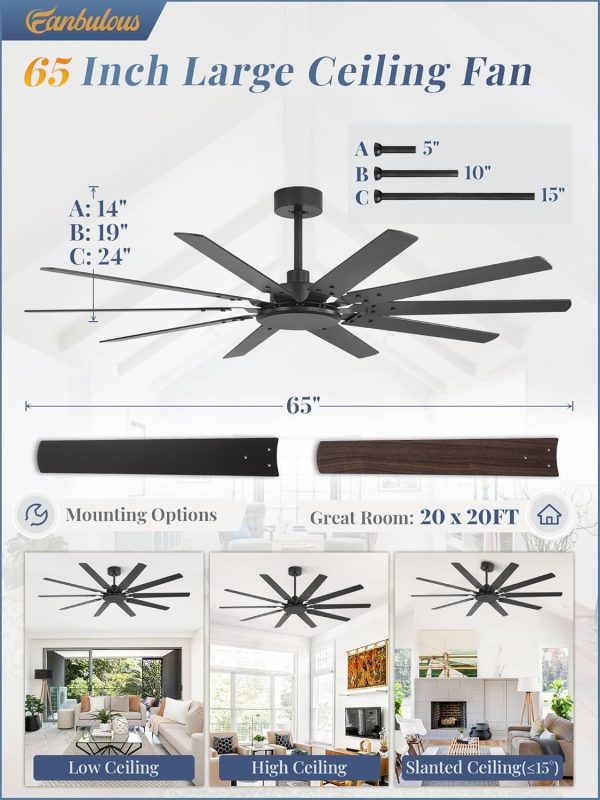 65 Inch Large Ceiling Fan Without Light, Modern Indoor/Outdoor Ceiling Fans No Light with Remote,6-Speed Reversible Quiet DC Motor, 10 Blade for Bedroom,Living Room,Patio,Garage(Black)