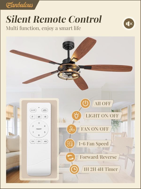 60 Inch Farmhouse Ceiling Fan with Light and Remote, Black Industrial Caged Flush Mount Ceiling Fans with 6 Speed Reversible Motor and Dual Finish 5 Blades, Rustic Ceiling Fan for Living room, Bedroom
