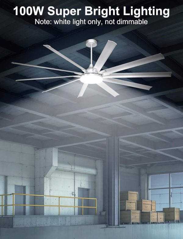 Industrial Ceiling Fan with Bright Lights - Remote/APP Control, High CFM, Large Ceiling Fan for Shop, Covered Outdoor, Great Room, Silver