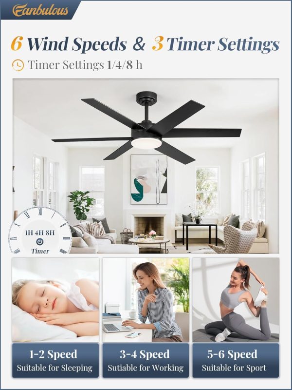 52 Inch Ceiling Fans with Lights and Remote, Reversible 6 Blades, Dimmable, 3000K-6000K Adjustable, Outdoor Ceiling Fans for Patios, Large Ceiling Fan for Indoor or Covered Outdoor, Black