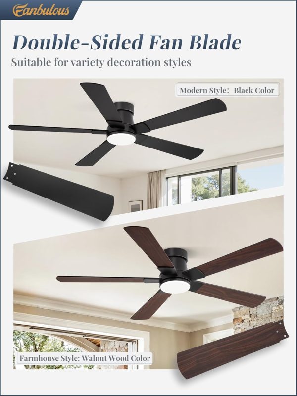 Ceiling Fans with Lights and Remote, 52 inch Low Profile Flush Mount Ceiling Fan,Black Modern Ceiling Fan with LED Light for Bedroom Indoor Outdoor-5 Reversible blades, 3CCT, 6 Speeds, Timer