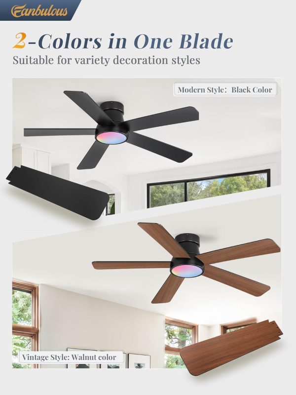 48 Inch Ceiling Fans with Lights and Remote,Indoor Modern Flush Mount Ceiling Fan with 3CCT 6-Speed Quiet DC Motor,Small Low Profile Ceiling Fan for Bedroom Living Room Office(Black RGB)