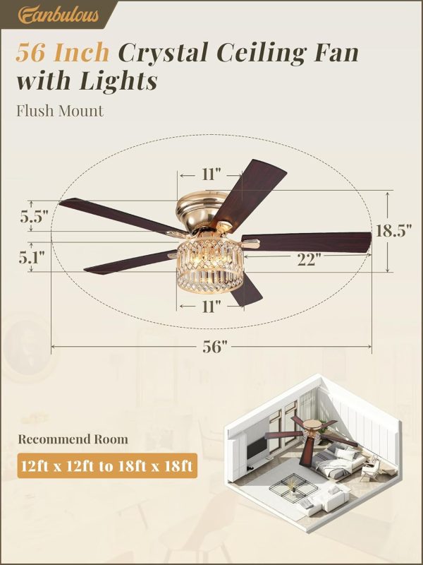 56 Inch Modern Farmhouse Fandelier Ceiling Fans with Lights, Gold Crystal Ceiling Fan with 6-Speeds, Quiet Reversible DC Motor, low profile ceiling fan with light for Bedroom, Living Room