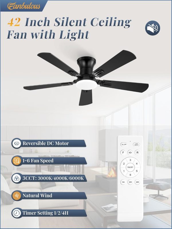 42 Inch Ceiling Fans with Lights and Remote, Low Profile Indoor Black Ceiling Fan with 6 Speeds & 3CCT, Flush Mount, Dual-Finish 5 Blades,Quiet DC Motor for Living Room Bedroom