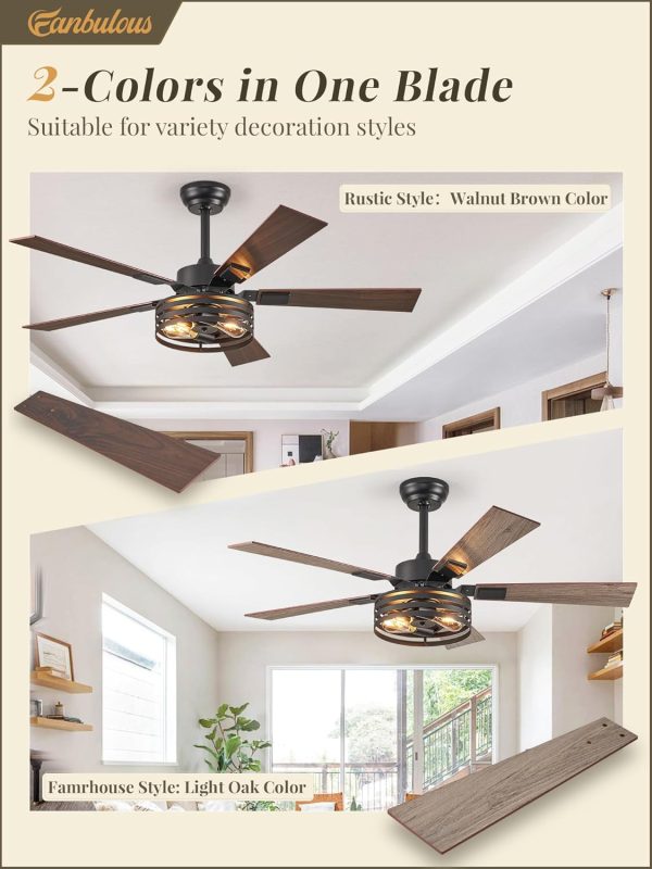 Farmhouse Caged Ceiling Fans with Lights and Remote, 48 Inch Black Bedroom Ceiling Fans for Living Room Kitchen6 Speed Reversible Quiet DC Motor, Dual Finish 5 Blades