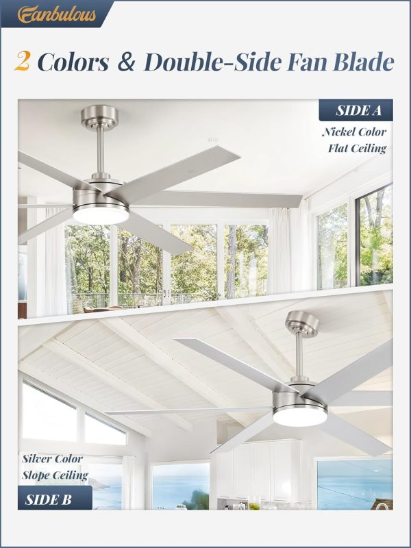 60 Inch Ceiling Fans with Lights and Remote, Reversible 6 Blades, Dimmable, 3000K-6000K Adjustable, Outdoor Ceiling Fans for Patios, Large Ceiling Fan for Indoor or Covered Outdoor, Nickel