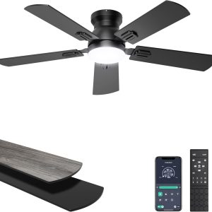 Ceiling Fans with Lights, 42 Inch Low Profile Ceiling Fan with Light and Remote/APP Control, Flush Mount, Dimmable, Qiuet DC Motor, Black Small Indoor Ceiling Fan for Bedroom, Kitchen