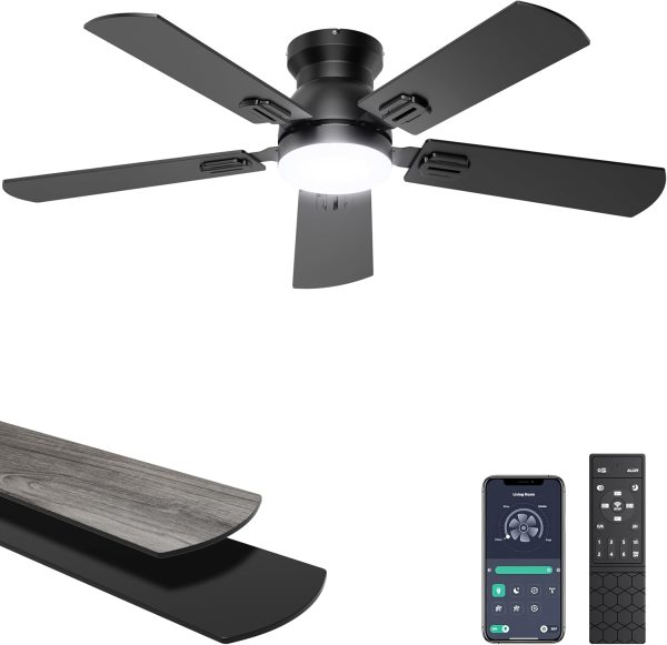 Ceiling Fans with Lights, 42 Inch Low Profile Ceiling Fan with Light and Remote/APP Control, Flush Mount, Dimmable, Qiuet DC Motor, Black Small Indoor Ceiling Fan for Bedroom, Kitchen