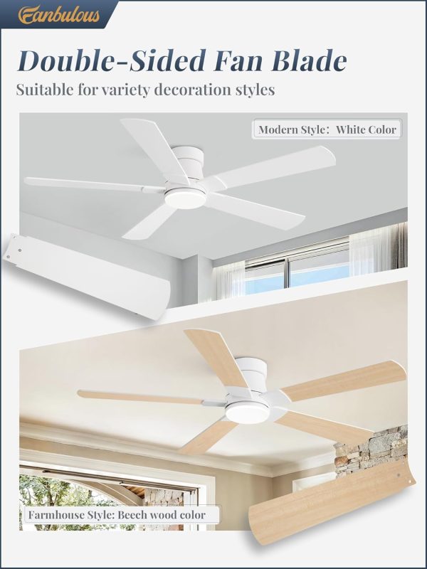 Ceiling Fans with Lights and Remote, 52 inch Low Profile Flush Mount Ceiling Fan,White Modern Ceiling Fan with LED Light for Bedroom Indoor Outdoor-5 Reversible blades, 3CCT, 6 Speeds, Timer