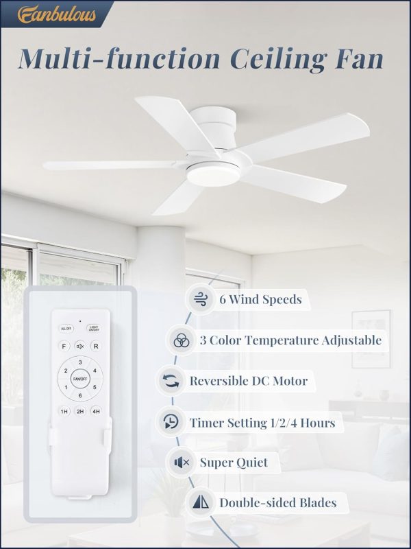 Ceiling Fans with Lights and Remote, 42 inch Low Profile Flush Mount Ceiling Fan,White Modern Ceiling Fan with LED Light for Bedroom Indoor Outdoor-5 Reversible blades, 3CCT, 6 Speeds, Timer