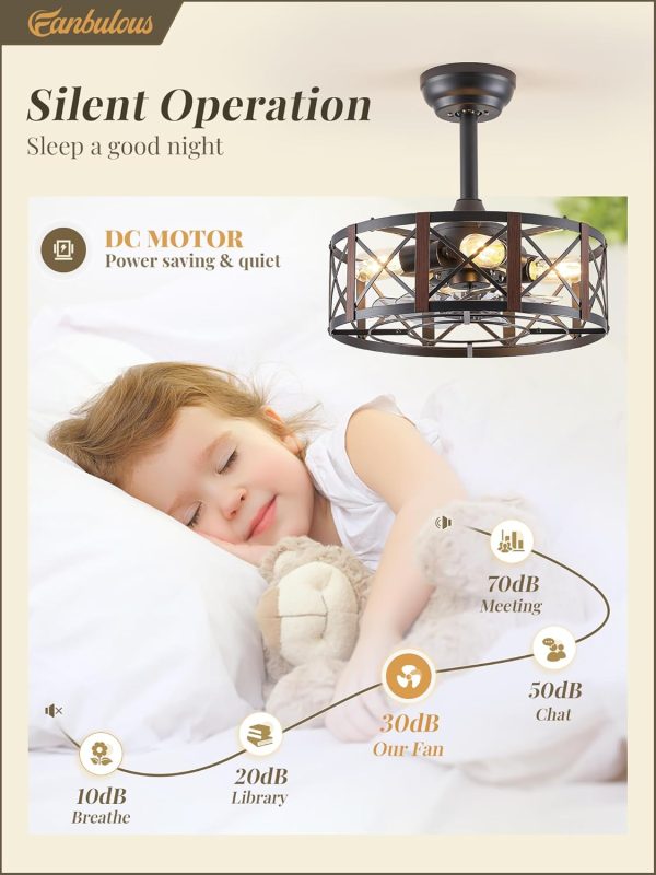16in Caged Ceiling Fans with Lights and Remote, Fandelier Ceiling Fan with 6 Speeds and Timing, No Beep, Farmhouse Samll Fan Lights Ceiling Fixtures for Kitchen, Bedroom, Outdoor-Walnut