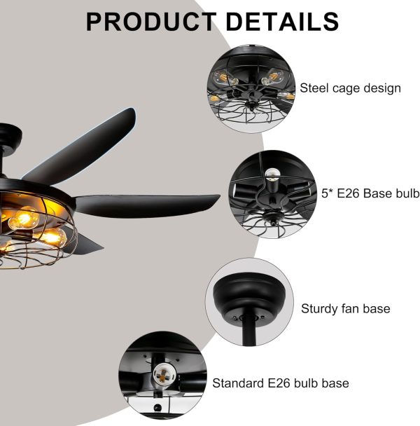 Ceiling Fans with Lights and Remote - 52 Inch Farmhouse Ceiling Fan with Caged Light Fixture - Black Industrial Outdoor Ceiling Fan Lights for Patio, Living Room, Kitchen & Bedroom