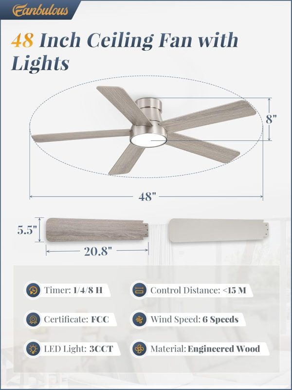 48 Inch Ceiling Fans with Lights and Remote,Outdoor Indoor Modern Flush Mount Ceiling Fan with 3CCT 6-Speed Quiet DC Motor,Small Low Profile Ceiling Fan for Bedroom Living Room Office(Nickel)