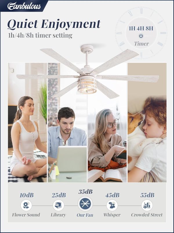 65 Inch Modern Ceiling Fans with Lights and Remote,Farmhouse Large Ceiling Fan with 6-Speed Reversible DC Motor and 6 Dual Finish Blades,White Ceiling Fan with Light for Living Bedroom Patio