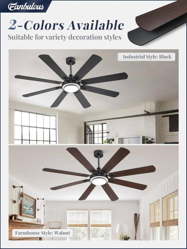 65 Inch Ceiling Fans with Lights and Remote, Black Ceiling Fan with 8 Dual-Color Blades, Indoor/Outdoor Large Ceiling Fans, Reversible DC Motor, 6-Speed, 3CCT for Living Room Kitchen Patio