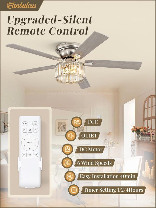 56 Inch Modern Crystal Chandelier Fan, Brushed Nickel Fandelier Ceiling Fan with Light, 6-Speeds, Quiet Reversible DC Motor, Flush Mount Ceiling Fan with Lights for Bedroom, Living Room