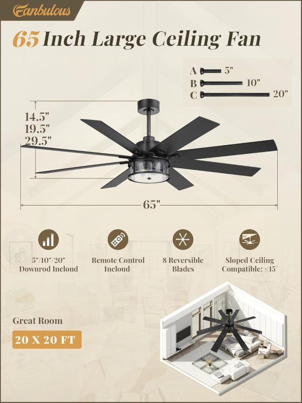 65 Inch Farmhouse Ceiling Fan with Lights and Remote, Black Ceiling Fans with Lights, Modern Ceiling Fan with 6-Speed Reversible DC Motor, 3CCT, Large Ceiling Fans for Living Room, Bedroom, Patio