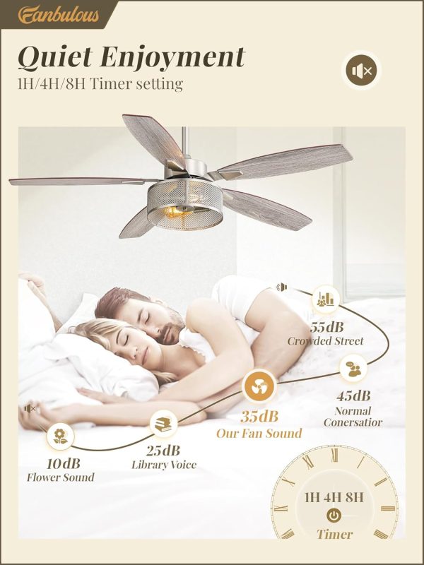 Farmhouse Brushed Nickel Ceiling Fans with Lights and Remote, 52 Inch Bedroom Caged Ceiling Fans for Living Room Kitchen6 Speed Reversible Quiet DC Motor, Dual Finish 5 Blades