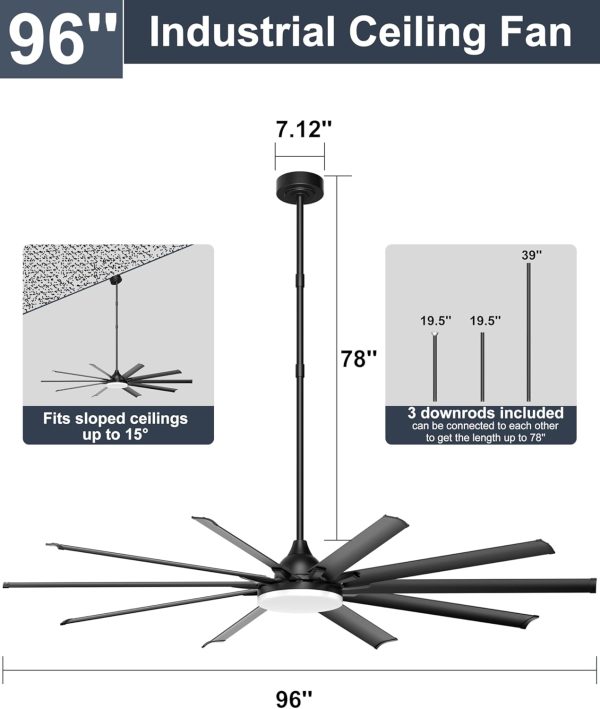 Industrial Ceiling Fan with Bright Lights - Remote/APP Control, High CFM, Extra Large Shop Ceiling Fan for Covered Outdoor Patio, Gym, Black