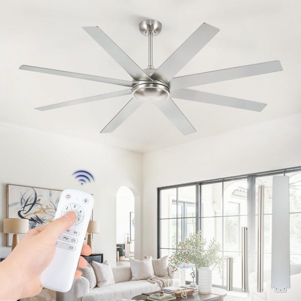 65 Inch Ceiling Fans No Light with Remote, Brushed Nickel Indoor/Outdoor Ceiling Fan Without Light with Quiet Reversible DC Motor, 6 Speeds, 8 Blades Large Ceiling Fan for Living Room Bedroom Patio