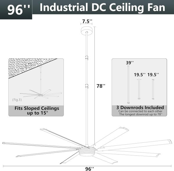Large Industrial Ceiling Fan - DC Motor Shop Ceiling Fan with Remote Control Commercial Ceiling Fan for Warehouse Garage Gym, Black No Light