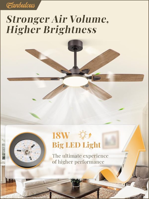 52 Inch Ceiling Fans with Lights, Indoor/Outdoor Modern Ceiling Fan with Reversible Blade And 2 Rods, Quiet DC Motor, 3CCT & 6-Speed Remote Control, Dual Finish Blade for Living Room/Bedroom