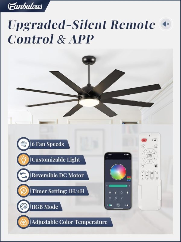 60 Inch RGB Ceiling Fans with Lights and Remote&APP Control, Black Smart Ceiling Fan with Quiet Reversible DC Motor, 6 Speeds, 3CCT, Dimmable, Large Ceiling Fan for Living Room Bedroom