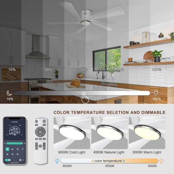 52 Flush Mount Ceiling Fan with Lights, Remote & APP Control Low Profile Indoor Outdoor Ceiling Fans, Dimmable, Quiet DC Motor, Reversible, White