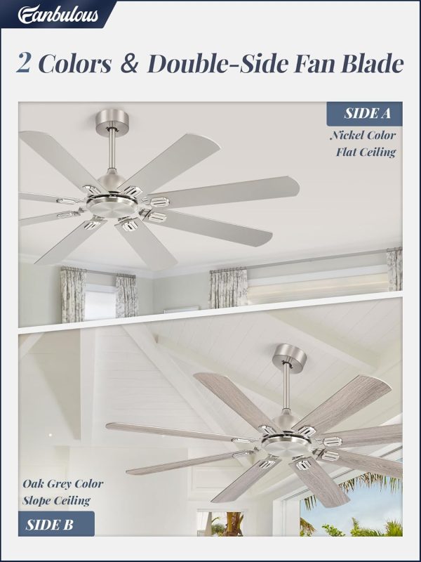 62 Inch Ceiling Fans No Light with Remote, Modern Ceiling Fan Without Light, Dual Finish 8 Blades, Reversible Quiet DC Motor, 6 Speed, Large Ceiling Fan for Indoor or Covered Outdoor, Nickel