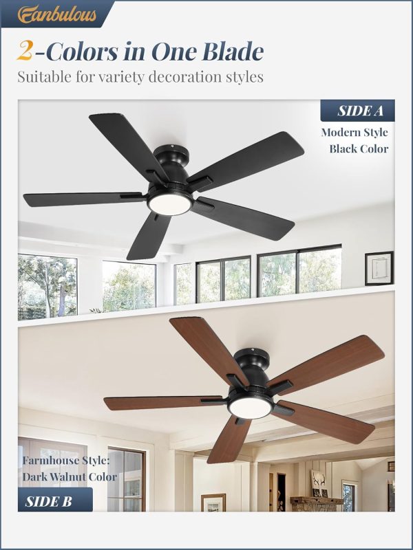 46 inch Ceiling Fans with Lights, Flush Mount Ceiling Fan and Remote, Modern Low Profile, 3CCT 20W LED Light with 6-Speeds Quiet Reversible Motor, for Bedroom, Living Room, Apartment, Black