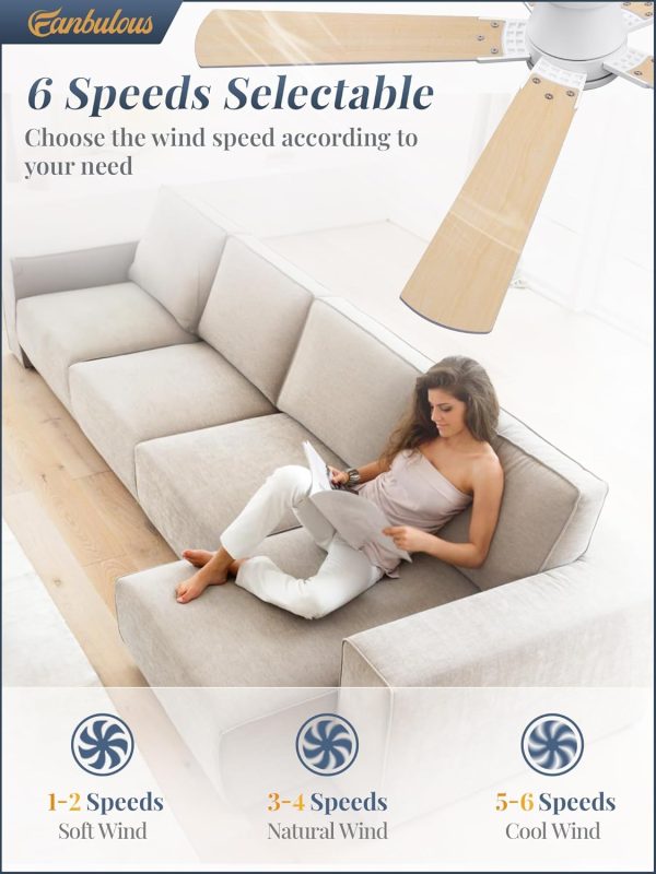 Ceiling Fans with Lights and Remote, 52 inch Low Profile Flush Mount Ceiling Fan,White Modern Ceiling Fan with LED Light for Bedroom Indoor Outdoor-5 Reversible blades, 3CCT, 6 Speeds, Timer