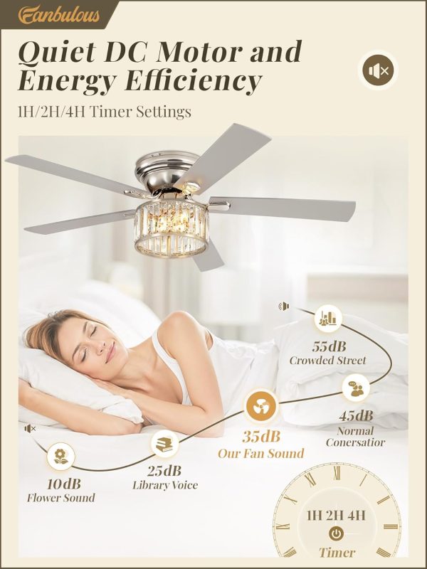 56 Inch Modern Crystal Chandelier Fan, Brushed Nickel Fandelier Ceiling Fan with Light, 6-Speeds, Quiet Reversible DC Motor, Flush Mount Ceiling Fan with Lights for Bedroom, Living Room