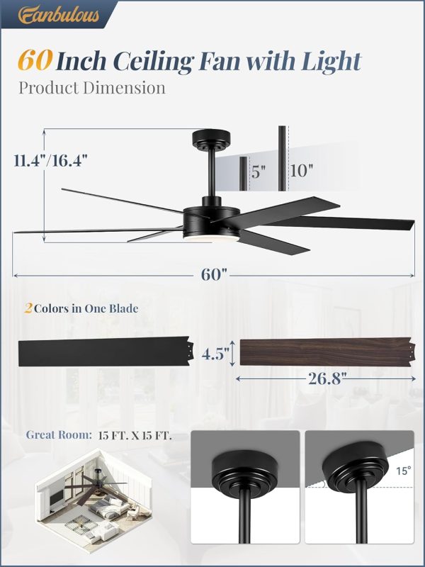 Ceiling Fans with Lights and 62" Ceiling Fans no Light, Indoor or Covered Outdoor Ceiling Fans for Patios, 6 Speed, DC Motor Large Ceiling Fan