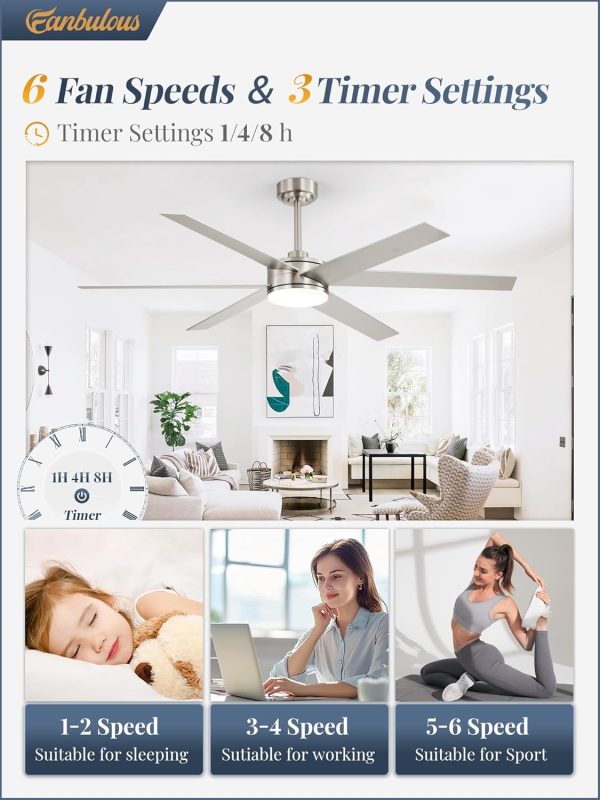 60 Inch Ceiling Fans with Lights and Remote, Reversible 6 Blades, Dimmable, 3000K-6000K Adjustable, Outdoor Ceiling Fans for Patios, Large Ceiling Fan for Indoor or Covered Outdoor, Nickel