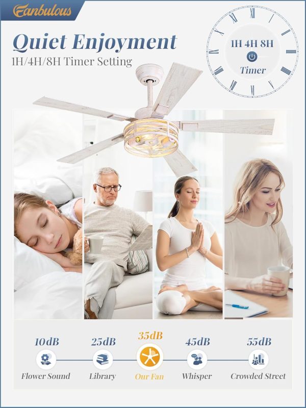 Farmhouse Ceiling Fans with Light, 48 Inch Bedroom Ceiling Fan with Lights, 6-Speed Adjustable, Quiet and Reversible DC Motor, 5 Dual Finish Blades, Rustic Caged Ceiling FanWhite and Gold Color