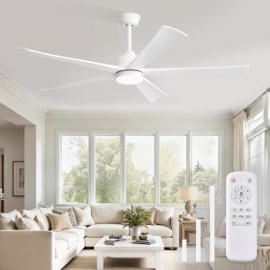 60 Inch Ceiling Fans with Lights and Remote, White Modern Plug in Ceiling Fan with 6 Speeds,Bright LED Light,Reversible Quiet DC Motor for Bedroom,Living Room