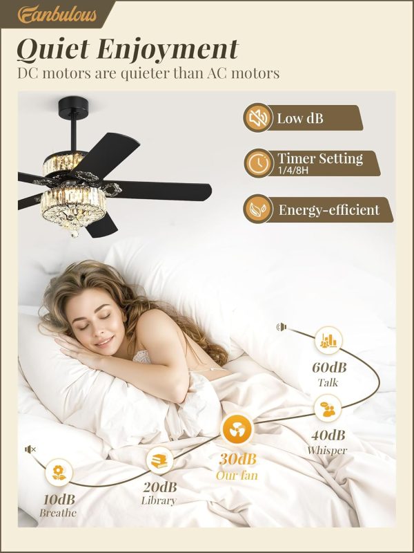52 Inch Crystal Fandaliers Ceiling Fan with Double-layer LED Light, Chandelier Ceiling fans, 3CCT, 6-Speeds, Quiet DC Motor, Farmhouse Ceiling Fans with Light, Black Ceiling Fan for Bedroom