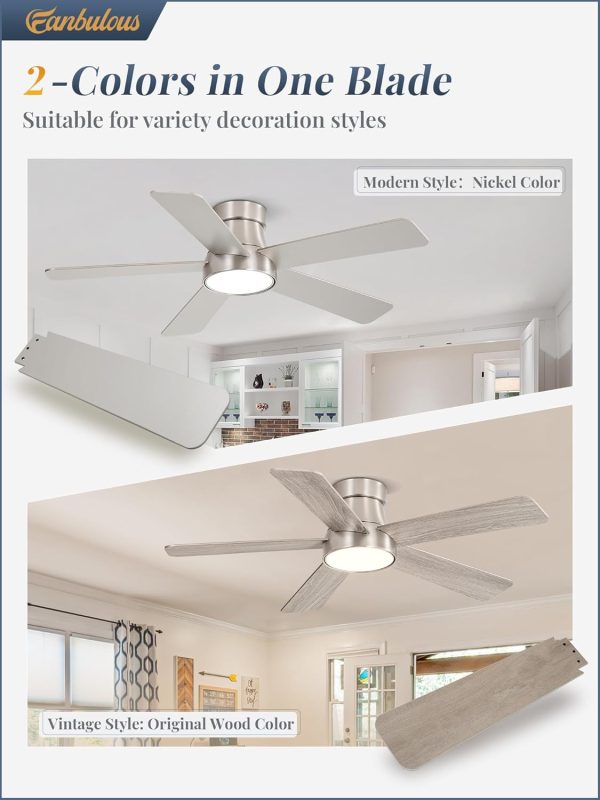 42 Inch Ceiling Fans with Lights and Remote,Indoor Modern Flush Mount Ceiling Fan with 3CCT 6-Speed Quiet DC Motor,Black Small Low Profile Ceiling Fan for Bedroom Living Room Office(Nickel)