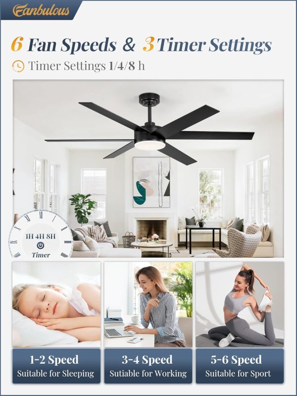 56 Inch Ceiling Fans with Lights and Remote, Reversible 6 Blades, Dimmable, 3000K-6000K Adjustable, Outdoor Ceiling Fans for Patios, Large Ceiling Fan for Indoor or Covered Outdoor-Black